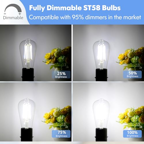 Image of 6-Pack 7W Dimmable LED Light Bulbs, 60Watt Equivalent Edison Bulbs, 850LM Ultra Bright LED Bulbs, 5000K Daylight White, ST58 Vintage Antique Bulbs, E26 Medium Base, CRI90+, Clear Glass, No-Flicker