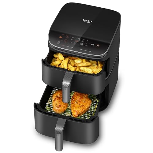 COSORI Air Fryer Double Stack 10,8 L, freidora sin aceite con 2 cajones, 3 niveles de cocción, 6 en 1, diseño compacto y apilable, 41 por ciento menos grande que los Airfryer doble tradicionales, 63