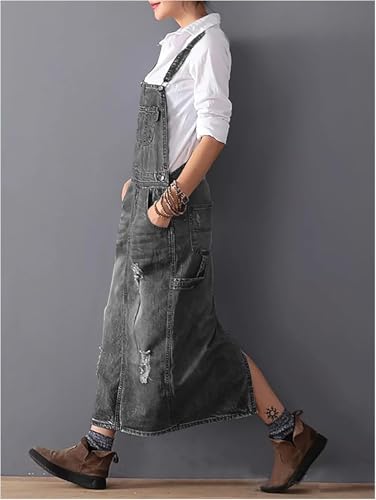 Image of Yoeasy Women's Distressed Denim Overall Dress - Adjustable Strap Pinafore A-Line Mid Long Jean Bib