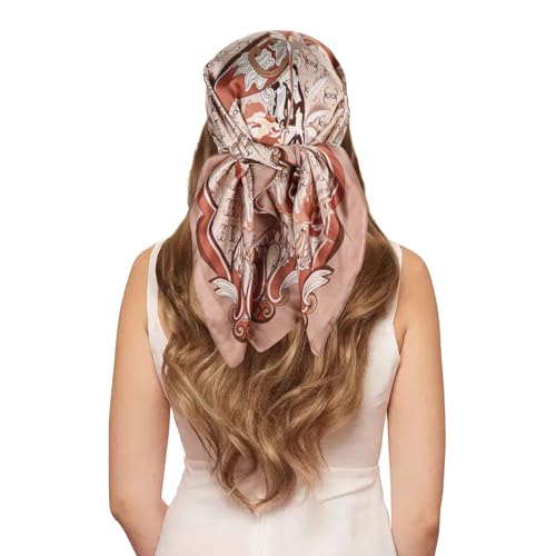 EXTREE Silk Feeling Scarf Medium Square Satin Head Scarf Sleeping Hair Wrapping for Women 27.5 × 27.5 inches Light Brown Double Ring