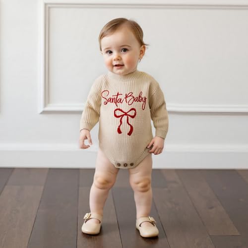 Newborn Baby Girl Christmas Sweater Santa Baby Bow Embroidery Knit Romper Jumpsuit Bodysuit Fall Winter Clothes4