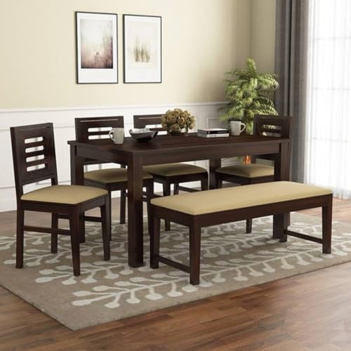 Image of Sheesham Wood Dining Table 6 Seater Set || Home Furniture 6 Seater Dining Table with Chair || Dining Room Set || Dining Table Set || Wooden Dining Table with Bench || Walnut Finish