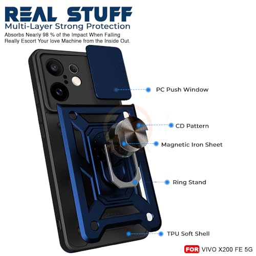 Image of Armor Bumper Back Cover Case for Vivo X200 FE 5G | Rotating Camera Cover, Ring Holder & Kickstand | Heavy Duty & 360 Degree Protection Vivo X200 FE 5G Back Cover (Blue)