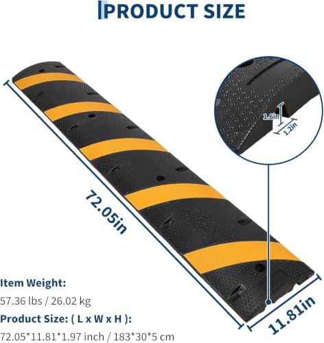 Image of 7 ft Rubber Speed Bump with 4 End Caps, 84 inch Speed Bumps for Driveway 1Pack | 25,000 Lbs Capacity Heavy Duty Speed Hump for Low Cars, RVs, Parking Lots, Residential Streets, Asphalt, Concrete, Gravel