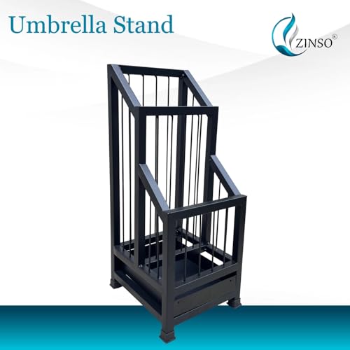 Image of ZINSO Umbrella Stand | Multipurpose Metal Black Rack | Storage Bucket for Umbrellas, Sports Equipment with Detachable Drip Tray | Easy to Clean | Made in India (No Wheels, Black)