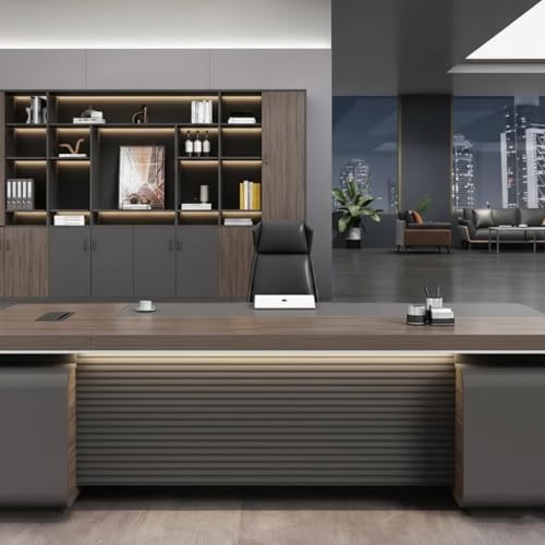 Image of Luxury Modern Executive Director Table with Fluted Front Panel, Integrated Side Storage, Cable Management Extra-Wide Premium Work Surface (LDL-769 MDFL L6W3)