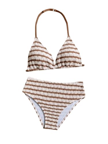 Image of RoseSeek Girl's Tie Dye Smocked 2 Piece Swimwear Sets Backless Halter Bikini Cute Brief Bathing Suit