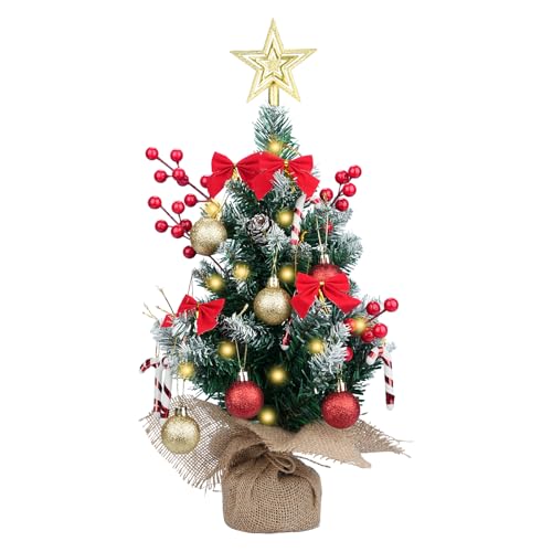 FOGAWA Small Christmas Tree with Lights 45CM Mini Christmas Tree Artificial Tabletop Christmas Trees Small Xmas Tree with Star Tree Topper Baubles Red Berries Pine Cones for Christmas Desktop Decor