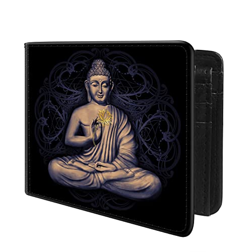 (Sitting Buddha and Lotus Front Pocket Slim Bifold Leather Wallet RFID Blocking with ID Window for Men