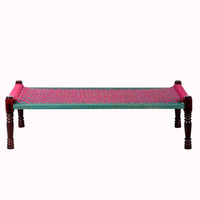 Image of Solid Sheesham Wood Charpai Khat Bed | Wooden Khatiya Charpai Desi | Handcrafted Khatiya Bed with Cotton Rope | Strong Khat for Indoor & Outdoor Use | 6X3 Feet | Pink Green