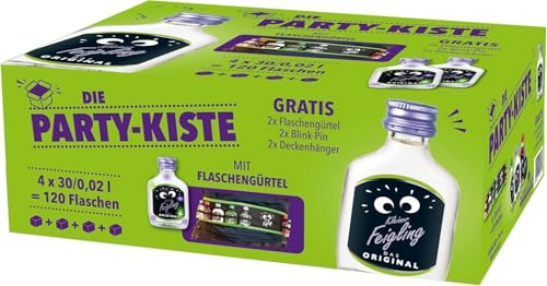 Kleiner Feigling Party-Kiste - Feinster Vodka mit fruchtigem Feigenaroma - Der kultige Feier-Schnaps für jede Fete - fruchtiger Likör 120 x 0,02 L Shot - inkl. Flaschengürtel - 20 % vol.