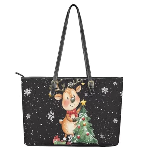 Image of Coldinair Christmas Leather Tote Bag for Women with Zipper Large Shoulder Tote Bag Shopping Casual Travel Bag Handbag Purse