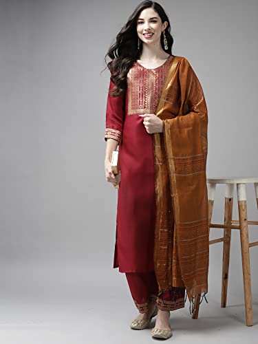 Image of INDO ERA Women's Cotton Blend Yoke Design Straight Kurta with Pant & Dupatta Set