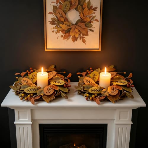 Image of 6 PCS Fall Eucalyptus Candle Ring Wreaths Autumn Wooden Leaves Candle Holder Rings with Berries Mini Thanksgiving Harvest Farmhouse Wreath for Pillar Candle Mantel Cabinet Home Table Centerpiece Decor
