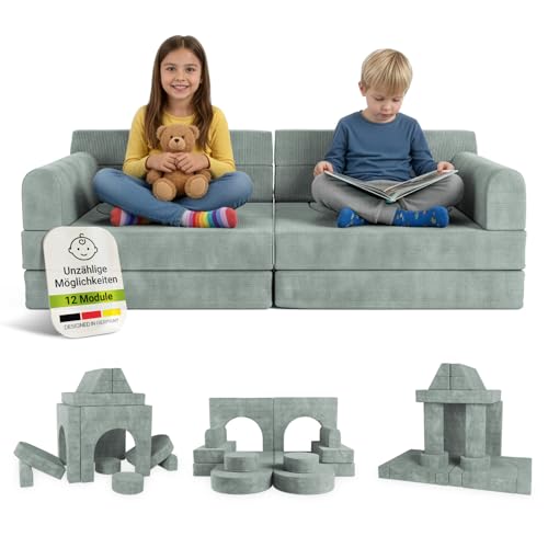 Juskys® Kindersofa Kayo – Cord, modular & weich, Sofa für Kinderzimmer & Spielzimmer, sicher, flexibel, pflegeleicht, mit abnehmbaren Bezügen – Hellgrün