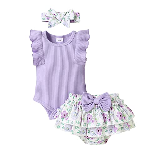 Image of Tiny Cutey Baby Girl Clothes Infant Summer Outfits Set Ruffle Sleeve Romper and Floral Shorts with Headband