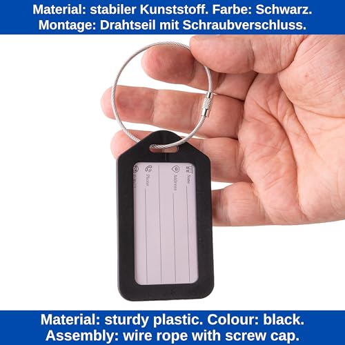 Kofferanhänger mit Adressschild, 2 Pack, in Schwarz, Kunststoff Schild, für Flugreise, Kreuzfahrt, Koffer Tag Gepäckanhänger, Namensschild, Adressanhänger, Taschenanhänger, Reise ID Etikett Aufhänger