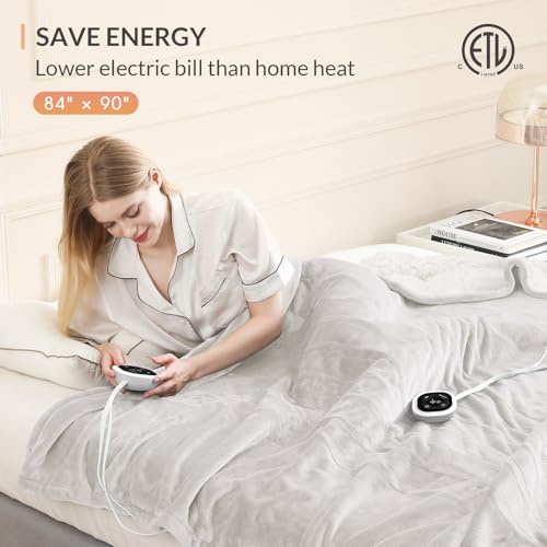 Image of HOMLYNS LuxeHeat Heated Blanket Electric Blanket Queen Size, Soft Flannel Sherpa Heating Blanket with 10 Heat Settings, 1-10 hrs Timer Auto Shut Off (84x90 inches, Cream), Only for 120V Voltage Use
