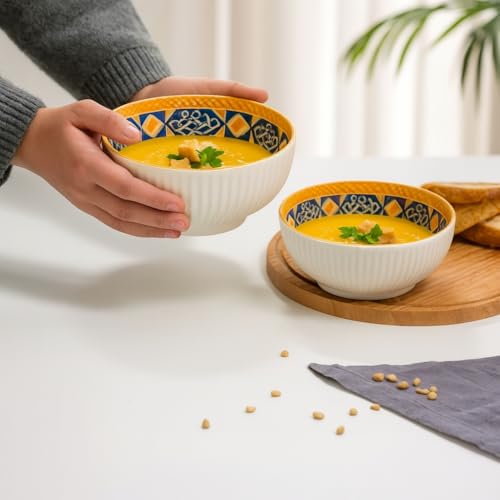 Image of YELONA Ceramic Snack Bowls - Set of 2 (300 ml Each) - Microwave Safe Side Bowls for Serving Noodles, Soups | Rice, Dal, Fruits | Perfect for Christmas Gift | New Year Gift & Daily Use (Mosaic)