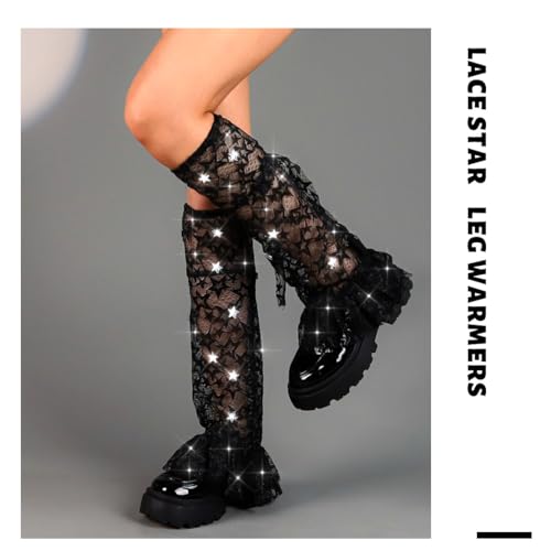 Image of Leg Warmers Lace Star Ruffle Long Thigh Highs Socks Black Y2K Leg Warmers for Women