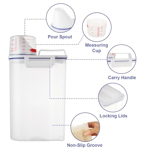 MIVIDE 3 Pack 9.8 Lbs Rice Storage Container, Rice Dispenser Storage Containers, Kitchen Cereal Containers Dispenser with Measuring Cup for Cereal, Oatmeal, Dry Pet Dog Food