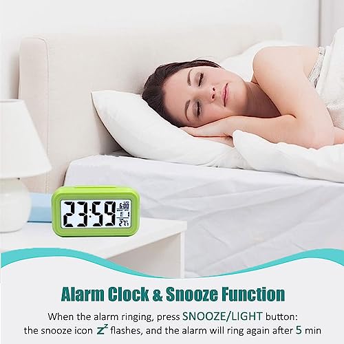 Image of Digital Alarm Clock, Battery Operated Alarm Clock with Date,Indoor Temperature,Smart Night Light, Easy Operation Electronic Clock for Bedrooms Home Kids-（Green）