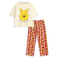 Disney Winnie The Pooh Women's Yellow & Red Short Sleeve Long Leg Pyjama Set | Cartoon Sleepwear with Classic Design | Comfortable Nightwear for Home Merch - X-Large