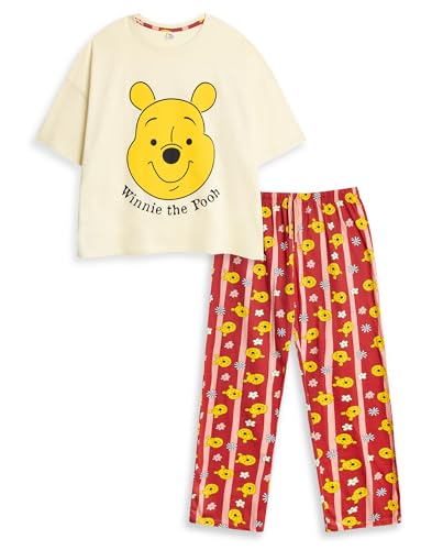Disney Winnie Puuh Damen-Pyjama-Set in Gelb und Rot mit kurzen Ärmeln und Langen Beinen | Cartoon-Nachtwäsche mit klassischem Design | Bequeme...