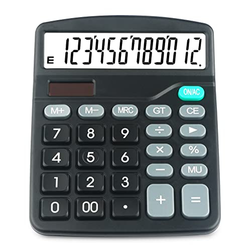 HIHUHEN Calculatrice de Bureau à 12 Chiffres Calculatrice de Bureau Solaire à Gros Boutons pour école à Domicile - Batterie fournie (1 x UK837) Cover