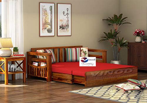 Image of Solid Sheesham Wood Sofa Cum Bed with Storage and Cushions Set for Home Living Room, King Size, Honey Finish (Walnut Finish)