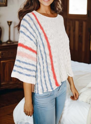 Dokotoo Womens 2025 Fall Casual Crewneck 3/4 Sleeve Striped Lightweight Knit Trendy Boho Tops Pullover Sweaters3
