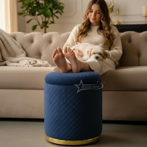 Image of Premium Round Storage Ottoman Stool 13 X 13X 16 inch, with Gold Metal Base | Luxury Pouffe with Hidden Storage | Cushioned Footrest for Living Room, Bedroom & Lounge Blue