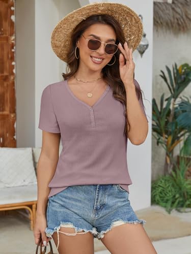 ATHMILE Womens Summer Short Sleeve V Neck Ribbed Knit Button Tunic Henley Solid Color Trendy BasicTee2
