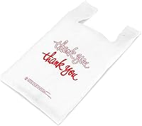 Vista 2 de Paquete de 100 bolsas de comestibles impresas con texto en inglés «Thank you script», bolsas para camisetas de 12 x 7 x 22 pulgadas, se adaptan a