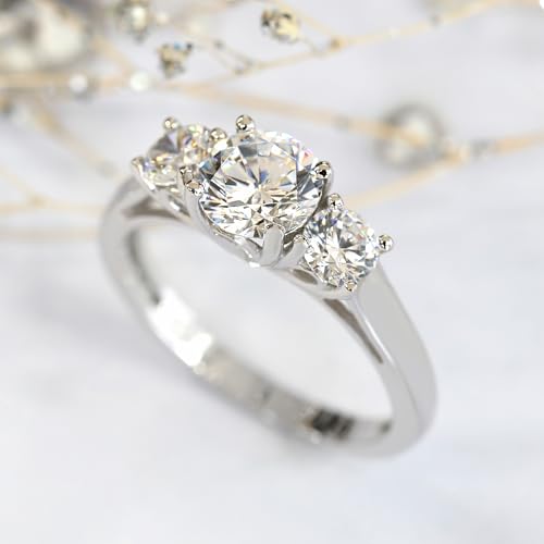 DoubleAccent Sterling Silver Rhodium Plated, Wedding Ring Round CZ Three Stone Engagement Ring4