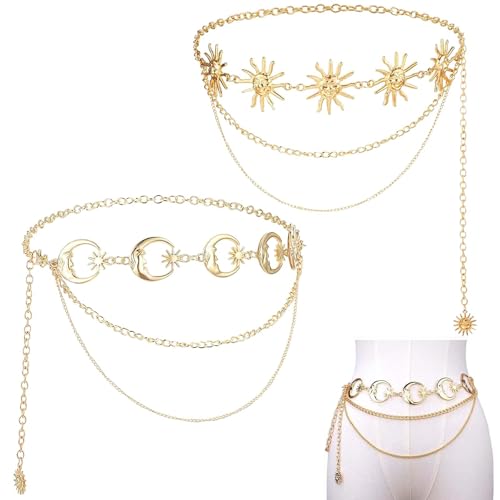 TREABEAR 2 cinturones para mujer, cinturón dorado, cinturón de cadena, sol y luna, cinturón de cintura ajustable a la moda