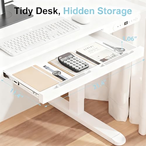 Image of H25 Electric Height Adjustable Desk with Wireless Charging, USB & Type-C Ports,Child Safety Lock|Drawer|Sit-Stand Office Table, White,3-Year Warranty- Free Virtual Installation Guide