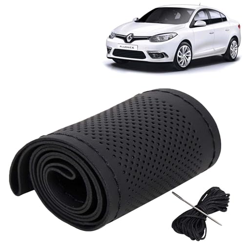 Image of KINGSWAY PU Leatherite Car Steering Cover Sewable Compatible with Renault Fluence (Year 2012 Onwards), Black Color with Black Thread, Pack of 1 with Sewing Needle and Thread