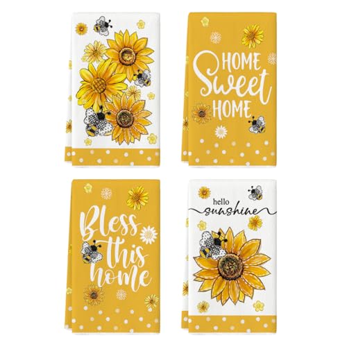 Artoid Mode Bee Sunflower Dot Hello Sunshine Summer Kitchen Towels Dish Towels 18x26 Inch Farmhouse Spring Decoration Cleaning Set of 4