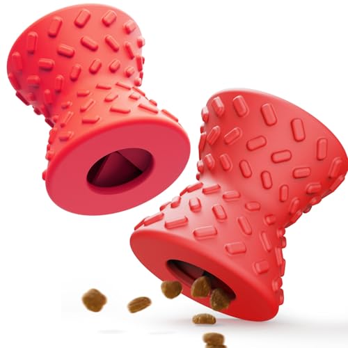 Doudele Puppy Toys, Dog Treat Toy for Traning, Interactive Toy, Treat Dispenser Toy,Natural Rubber Dumbbell Shaped, 2pcs(Red+Red)