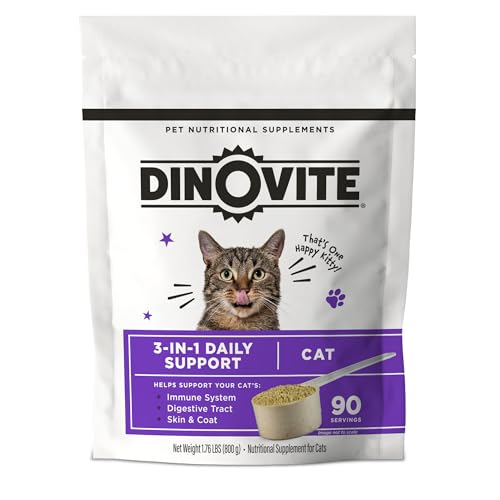 Dinovite for Cats Supplement – Immune + Digestive, Skin + Coat Support, Vitamins, Minerals, Omega 3, Enzymes, Probiotics. Reduces Shedding, Dry Skin, Itching, Stinking, Bald Spots, Seasonal Issues