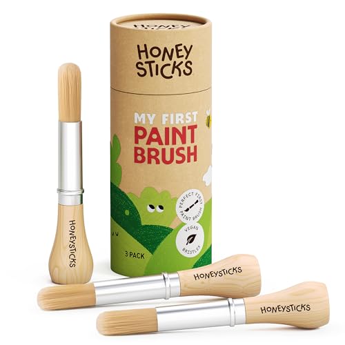 Image of Honeysticks My First Paint Brush Set - 3 Pack: Ideal for Babies and Toddlers. Jumbo Brushes with Chubby Wood Handles for Easy Grip, Vegan. Includes Handy Storage Container