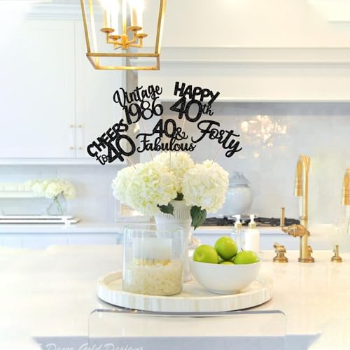 Image of 15 PCS Black 40th Birthday Centerpiece Sticks Forty Happy 40th Vintage 1986 Table Flower Centerpieces Sticks Cheers to 40 Fabulous Floral Decorations for 40th Birthday Party Centerpieces Supplies