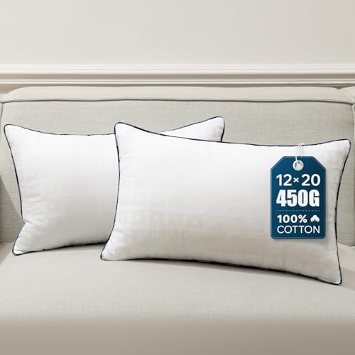 Phantoscope 12x20 Pillow Inserts, Decorative Throw Pillow Inserts with 100% Cotton Jacquard Cover, Virgin Fiber Pillow Sham Stuffer, Lumbar Square Couch Cushion Pillows, Pack of 2, 12x20 Inch