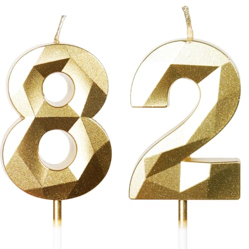 Bougies d'Anniversaire 82 Ans Dorées - Numéro 82 Or - Bougies Dorées pour Gâteau - Décoration de Fête Brillante - Anniversaire, Mariage, Fête, Cérémonie