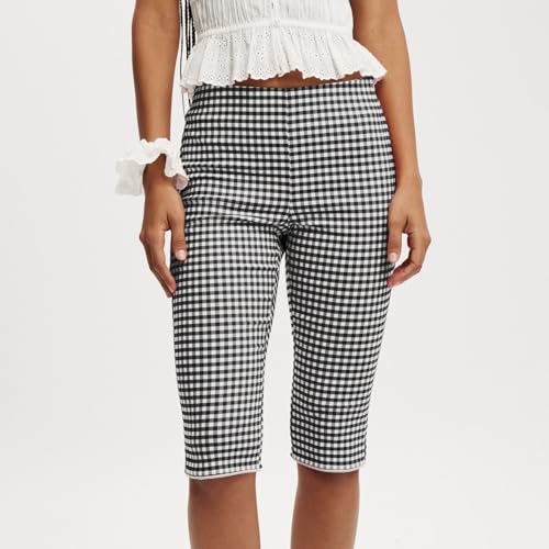 Women's Plaid Print Skinny Capri Pants Seven-Quarter Slim Fit Trousers Y2k Cropped Knee Length Micro Lace Trim Leggings2