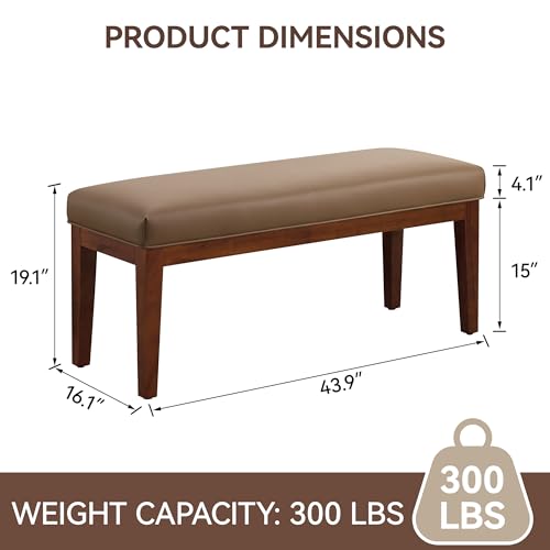 Image of WUTUTUEE 43.5'' Faux Leather Bedroom Bench, Upholstered End of Bed Bench, Padded Vintage Dining Bench, Entryway Bench with Solid Wood Legs, Kitchen, Living Room, Hallway, Brown