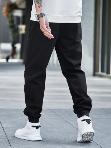 OYOANGLE Men's Drawstring Waist Ripped Denim Jeans Streetwear Distressed Jogger Cargo Pants with Pocket2
