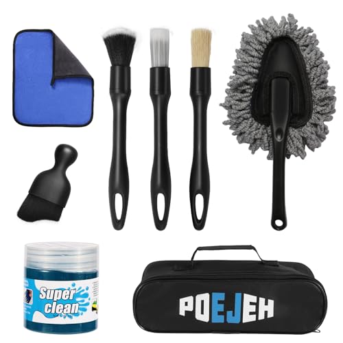 Poejeh 8-Piece 2-in-1 Car & Home Cleaning Kit - 160g Jarred Gel (128% More Than 70g), Boars Hair Brushes, Ultra-Soft Detail Brush, High-Density Microfiber Cloth, Ultra-Soft Duster