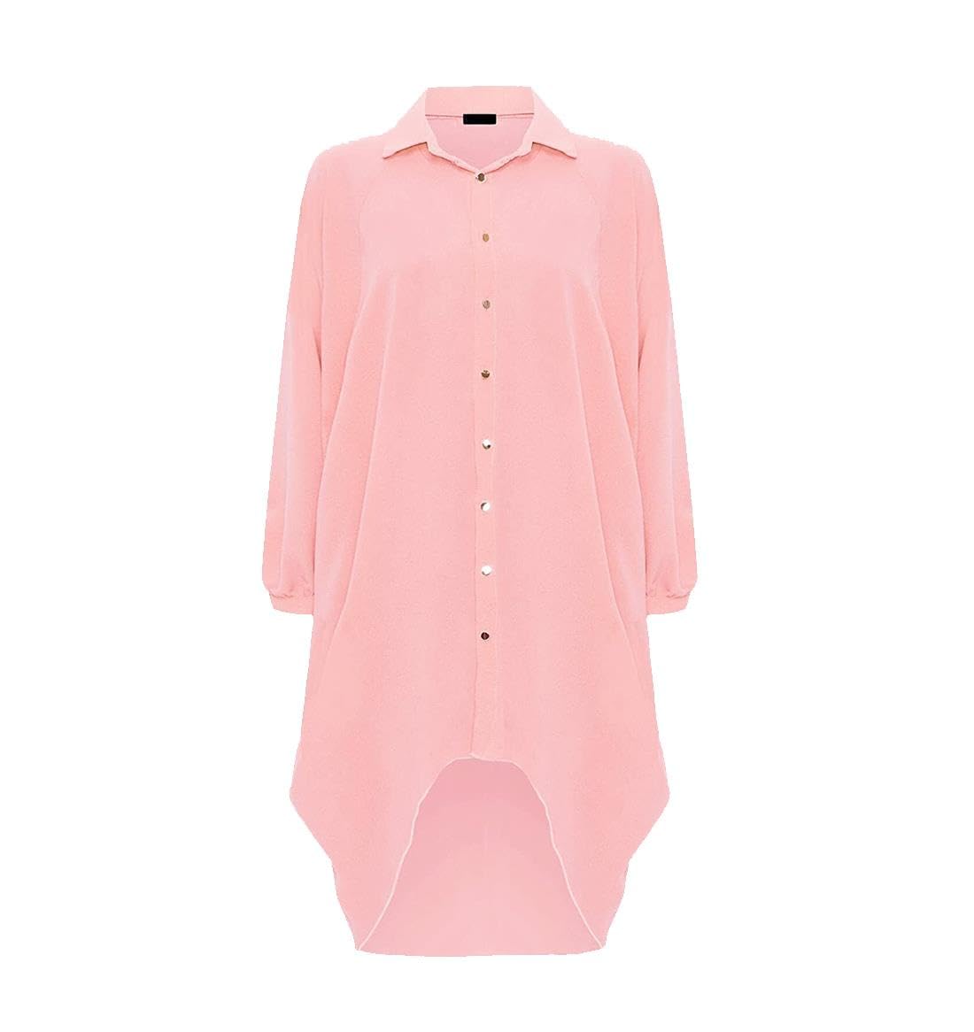 Womens Dip Hem High Low Button Collar Shirt Ladies Long Sleeve Hi Lo Dress Top Fancy Party Wear Blouse Plus Size Flowing Tunic Asymmetric Hem Stylish Evening Casual Fashion UK 8-26 Peach